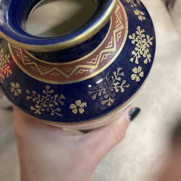 Pair of Vintage Satsuma Pottery Vases 7.5” Floral Blue Gold Signed - Picture 8 of 11